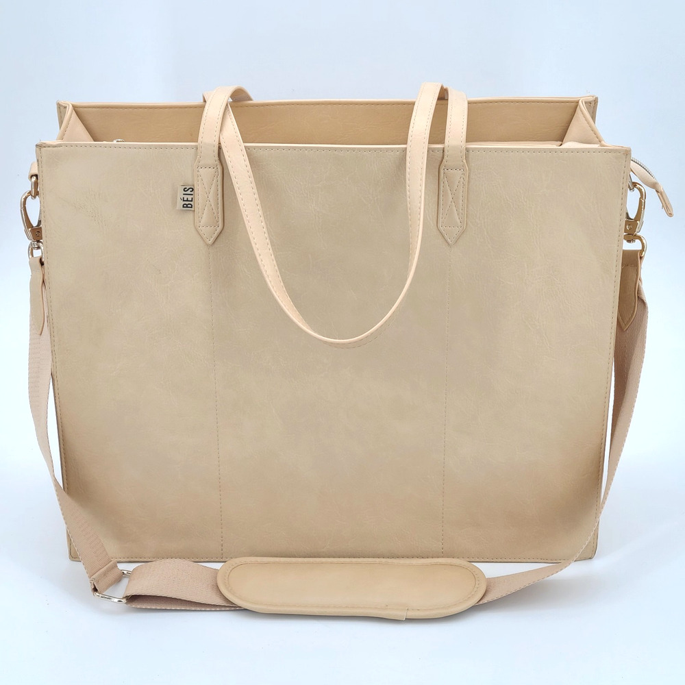 Beis The Large Work Tote Beige Vegan‎ Leather Laptop Bag Detachable Strap